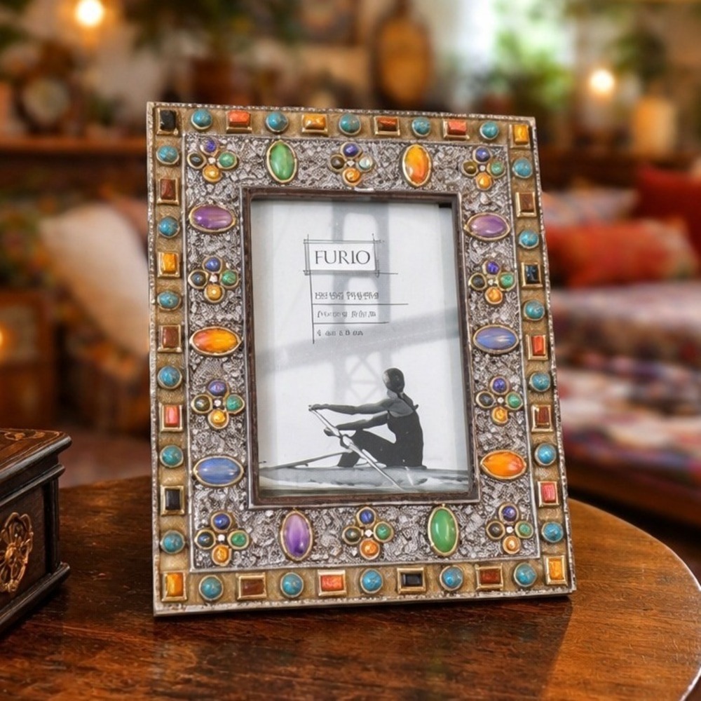 NEW Furio Mini Picture Frame Jeweled Boho Silver Tone Metal ‎ Colorful Stones